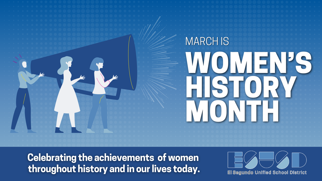 Three women standing together, one holding a large megaphone, symbolizing amplifying women's voices for Women's History Month in a blue background.