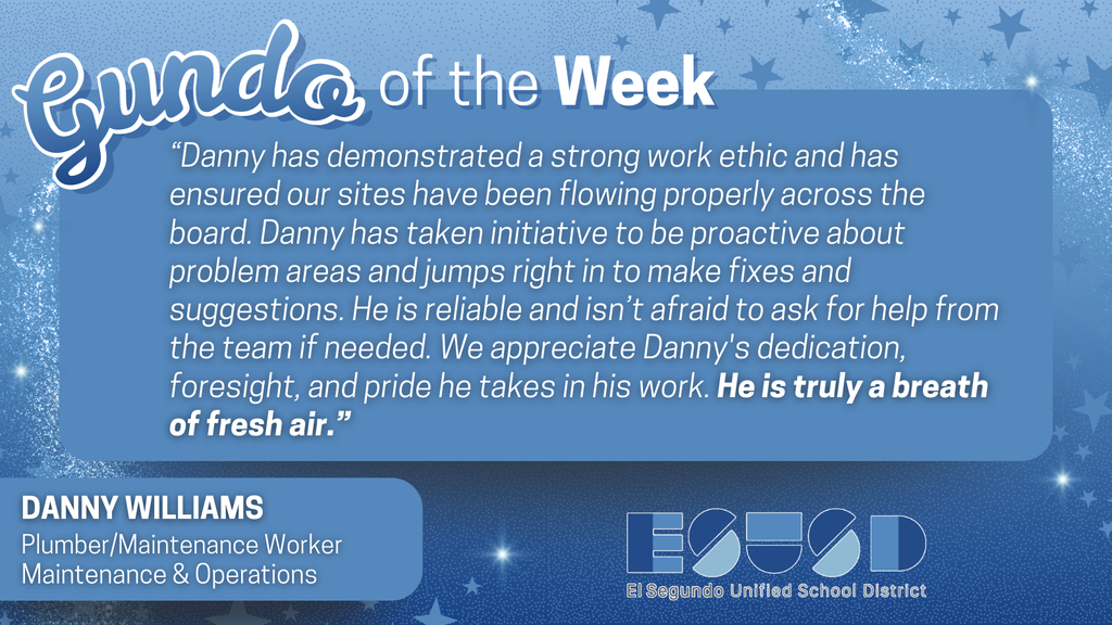 This week’s Gundo of the Week is Danny Williams, plumber/maintenance worker with Maintenance & Operations!   Here’s what Danny’s nominator had to say:  “Danny has demonstrated a strong work ethic and has ensured our sites have been flowing properly across the board. Danny has taken initiative to be proactive about problem areas and jumps right in to make fixes and suggestions. He is reliable and isn’t afraid to ask for help from the team if needed. We appreciate Danny's dedication, foresight, and pride he takes in his work. He is truly a breath of fresh air.