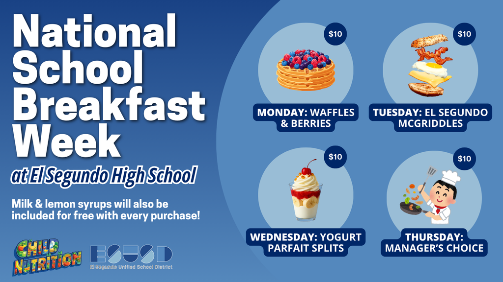 ESHS breakfast menu for National School Breakfast Week next week, including waffles, McGriddles, parfait, and manager's choice.