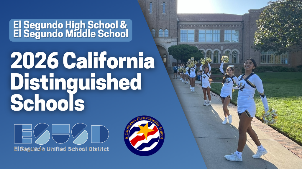 Cheerleaders in white uniforms posing outside El Segundo High School, celebrating its 2026 California Distinguished School recognition.