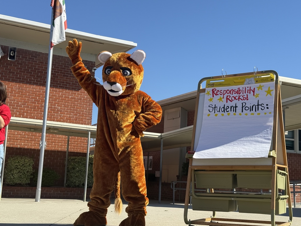 A school mascot waves beside a sign reading “Responsibility Rocks! Student Points” during an outdoor assembly.