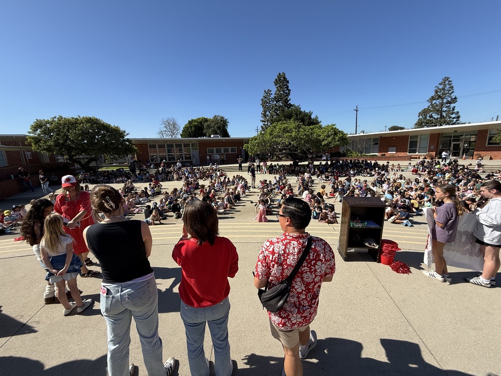 Staff stand facing a large group of seated students gathered across a sunny school courtyard for an assembly.
