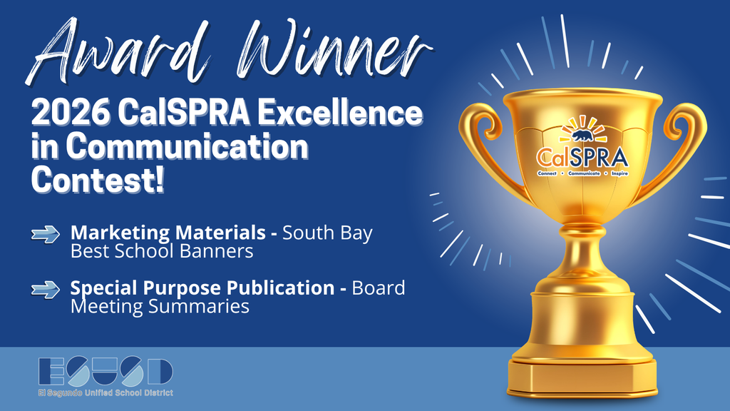 Gold trophy with CalSPRA logo highlighting 2026 Excellence in Communication award for South Bay marketing banners and board meeting summaries.