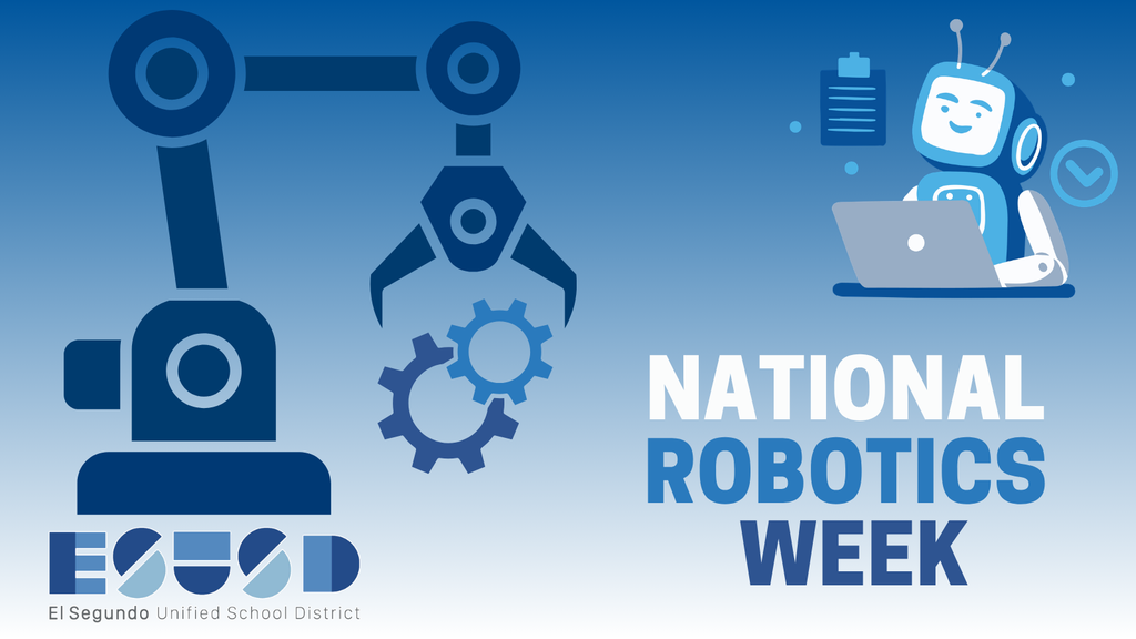 Robotic arm holding gears next to a smiling robot working on a laptop with National Robotics Week text.