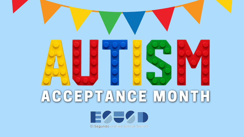 Colorful building blocks spell AUTISM with ACCEPTANCE MONTH below on a blue background with festive pennant flags.