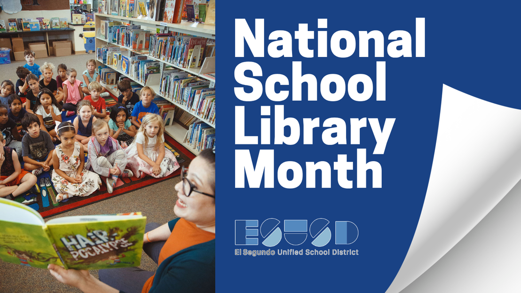 A group of young students attentively listening to a teacher reading a book in a school library during National School Library Month.