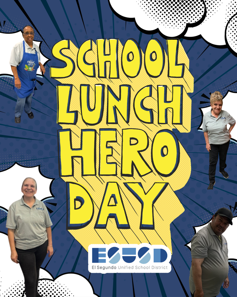 Pop art background featuring 'School Lunch Hero Day' in large yellow letters, with four cafeteria staff members positioned around the text and a school district logo below.