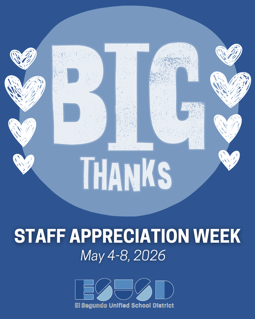 Staff Appreciation Week design with 'BIG THANKS' in bold white letters and hearts on a blue background, dated May 4-8, 2026.