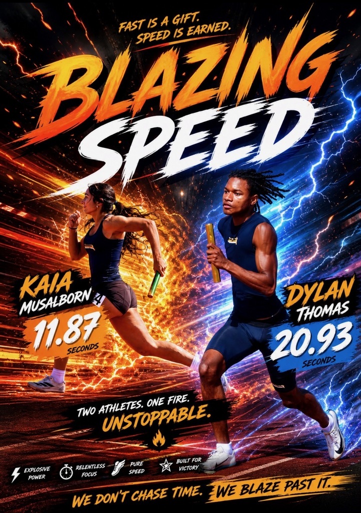 Two sprinters, Kaia Musalborn and Dylan Thomas, race with fiery and electric energy behind them, highlighting their blazing speed and impressive times.