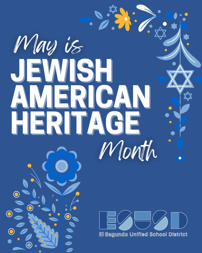 Blue background with floral designs and Stars of David highlighting May as Jewish American Heritage Month.