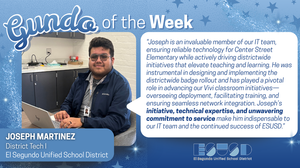 Joseph Martinez, District Tech I, pictured in a workspace with computer equipment, recognized for his IT expertise at El Segundo Unified School District.