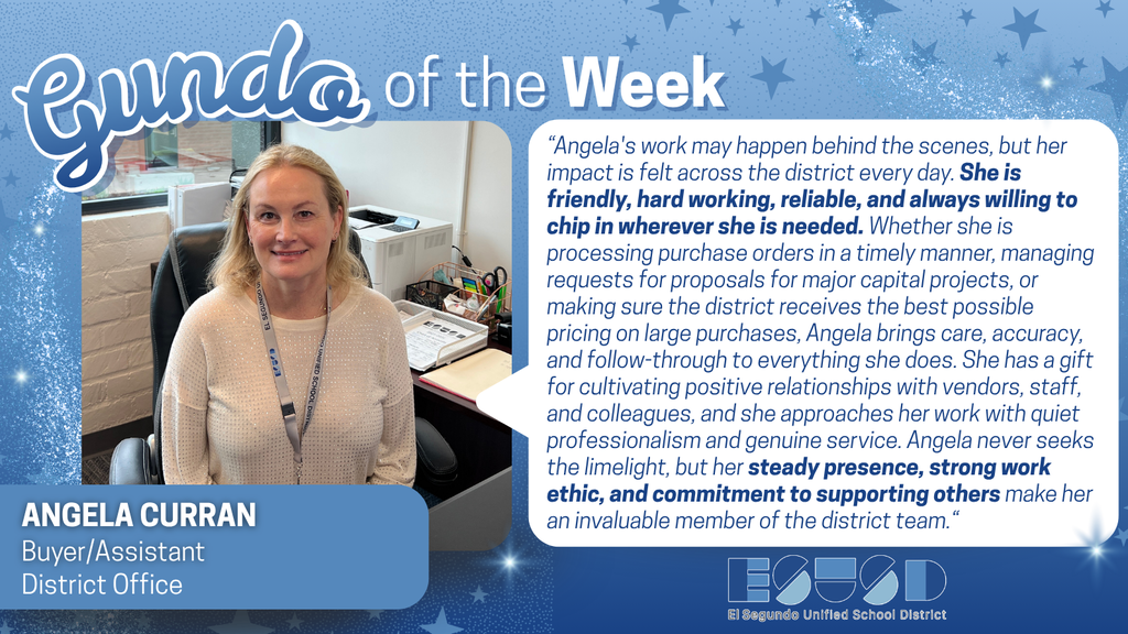 Angela Curran, District Office Buyer/Assistant, praised for her dedication, accuracy, and commitment to supporting others in her role.