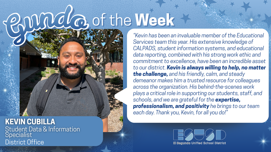 Kevin Cubilla, Student Data & Information Specialist, stands outdoors with trees in the background, smiling and wearing a gray polo shirt and backpack.
