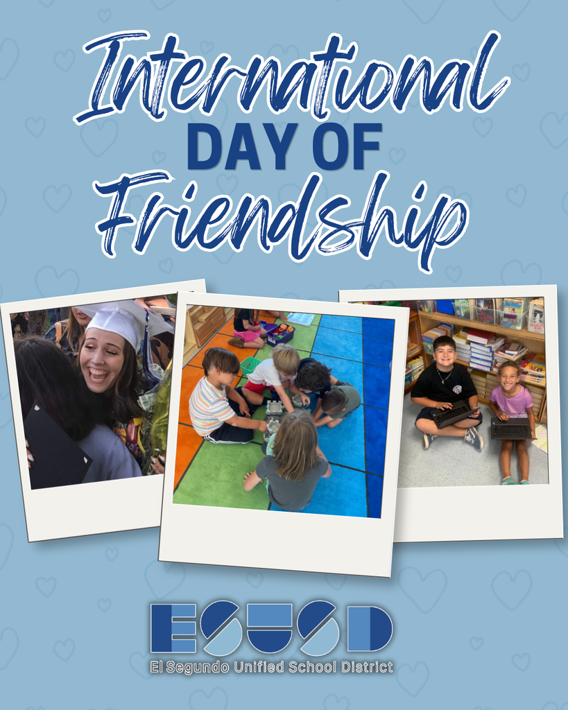 Three photos show diverse children and a graduate celebrating friendship for International Day of Friendship on a blue heart-patterned background.