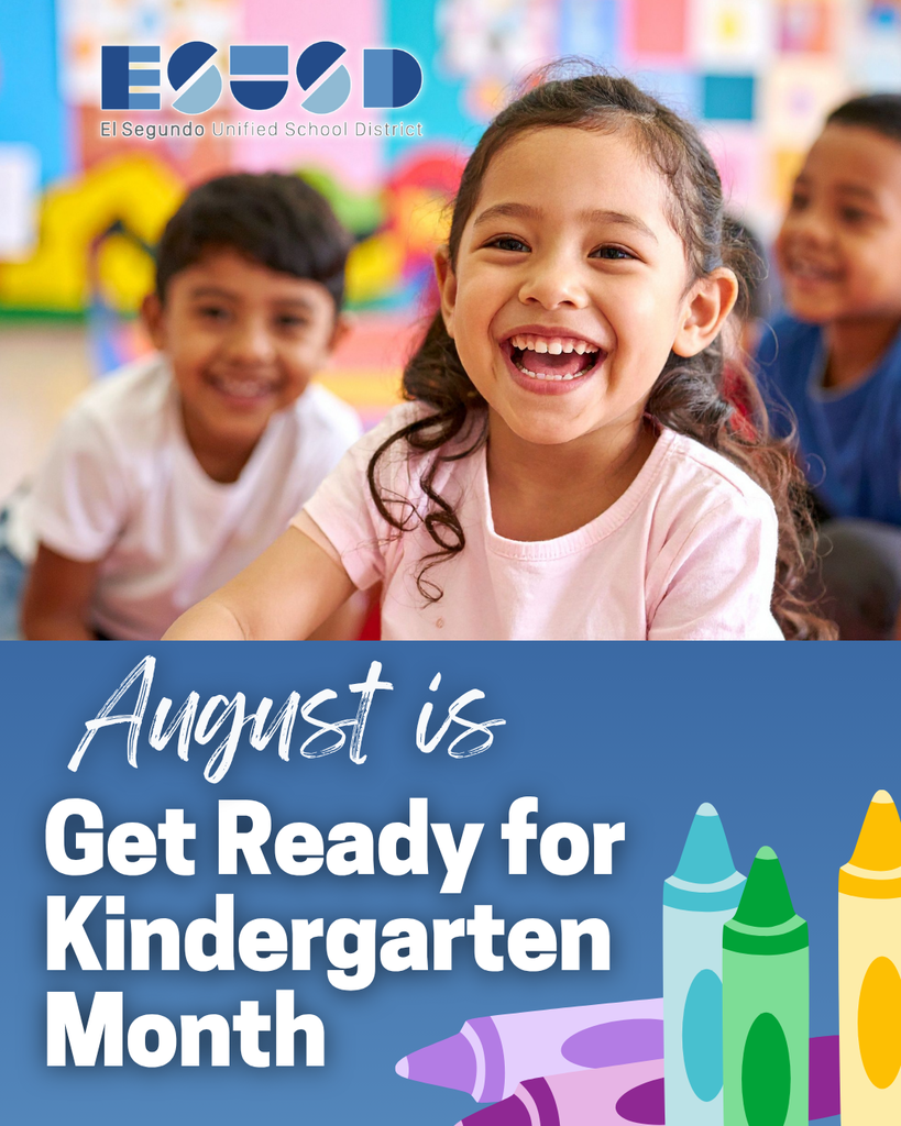 Smiling kindergarten girl with classmates in colorful classroom promoting Get Ready for Kindergarten Month by El Segundo Unified School District.