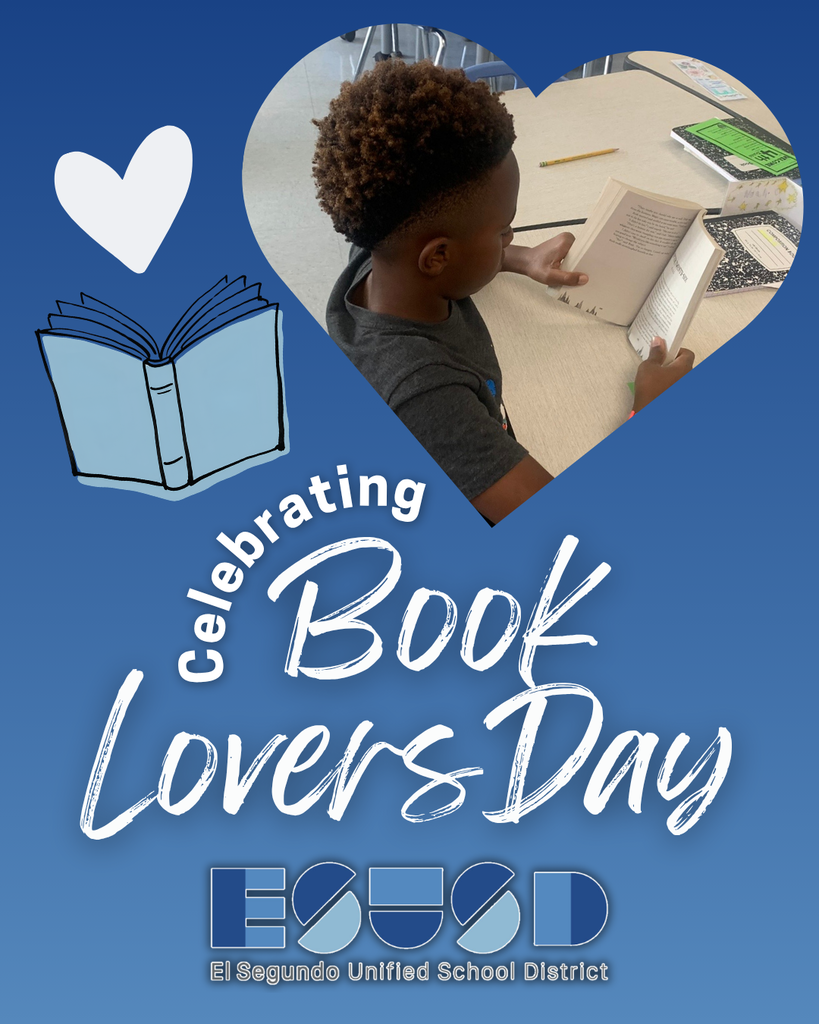 Young boy reading a book at a classroom desk, framed by a heart shape on a blue background celebrating Book Lovers Day.