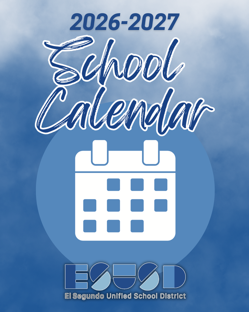 2026-2027 school calendar cover for El Segundo Unified School District with a blue sky background and a calendar icon.
