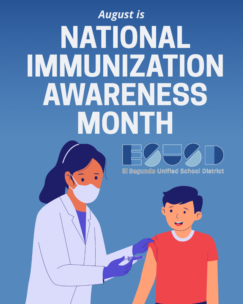 A healthcare worker wearing a mask and gloves administers a vaccine to a smiling child in a red shirt, promoting National Immunization Awareness Month in August.