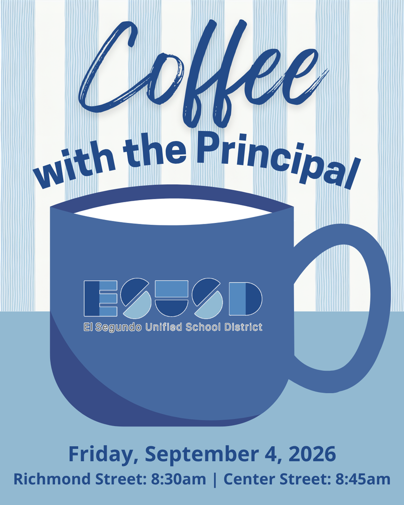 Blue coffee cup with ESUSD logo promoting 'Coffee with the Principal' event on September 4, 2026, with times and locations listed.