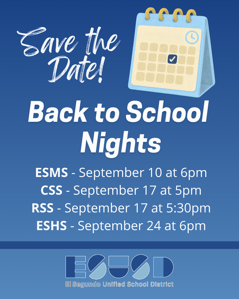 Calendar icon with a checkmark and text announcing Back to School Nights for ESMS, CSS, RSS, and ESHS with specific September dates and times.