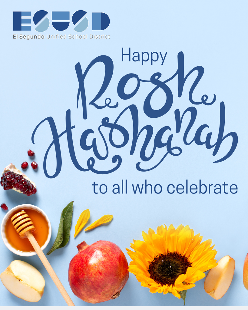 Happy Rosh Hashanah greeting with pomegranate, honey dipper, apple slices, and sunflower on light blue background.