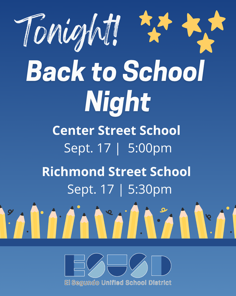 Announcement for Back to School Night at Center Street School and Richmond Street School on Sept. 17 starting at 5:00pm and 5:30pm respectively.