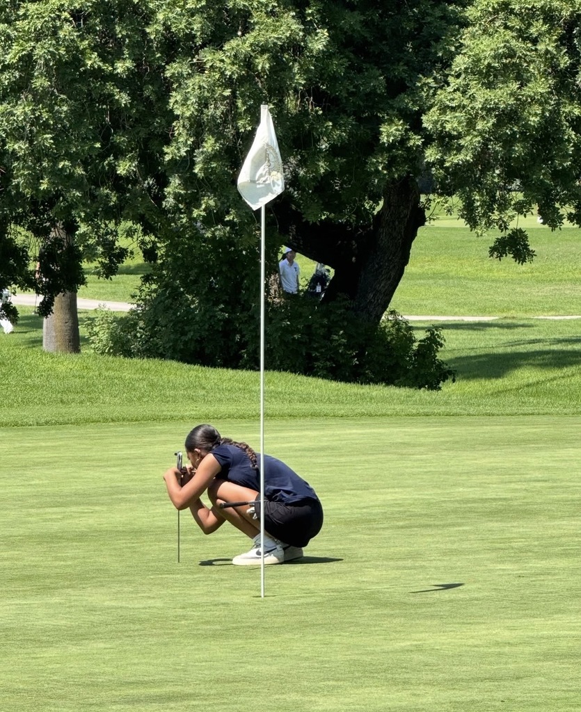 A golfer crouches on a putting green to line up a shot near the flagstick on a sunny course.