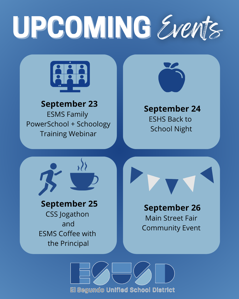Upcoming events include ESMS Family PowerSchool and Schoology training webinar on September 23.