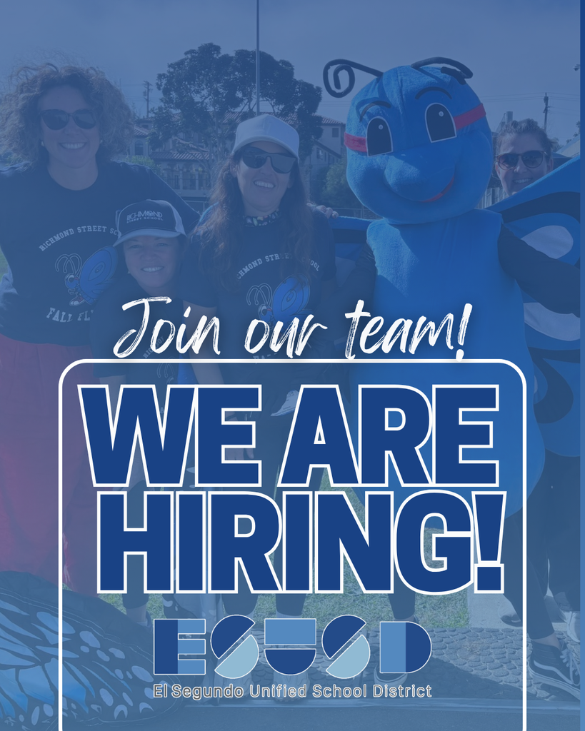 Group of smiling people with a blue butterfly mascot promoting job openings at El Segundo Unified School District.