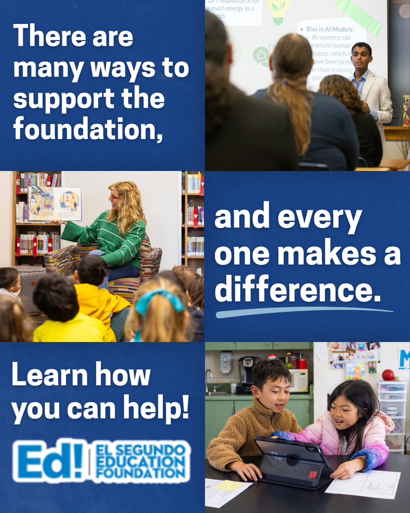 A speaker presents to an audience with text encouraging support for the El Segundo Education Foundation.
