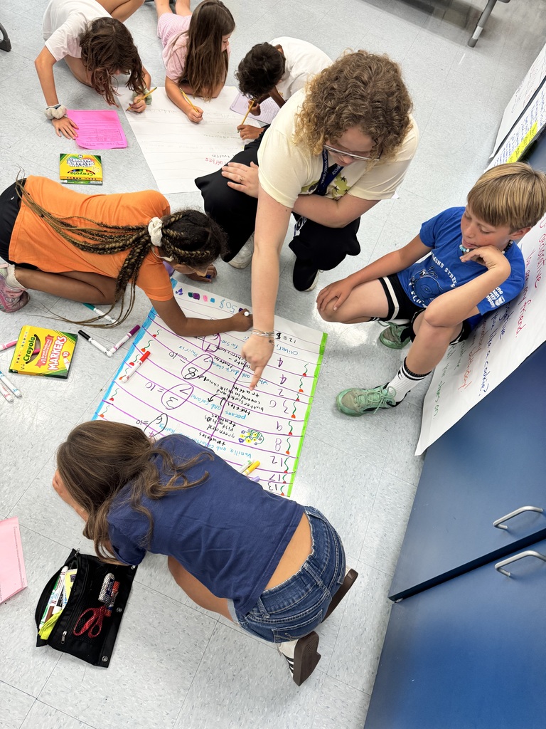 A group of children and a teacher collaborate on a large chart with colorful markers on the floor in a classroom.