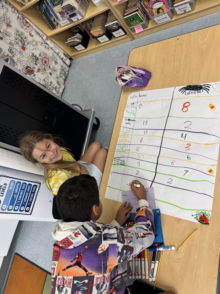 Two children working together on a large chart with numbers and drawings on a classroom floor.