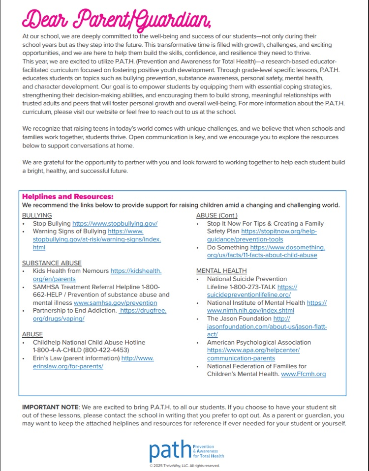 PeerHelpers Plus Parent Letter