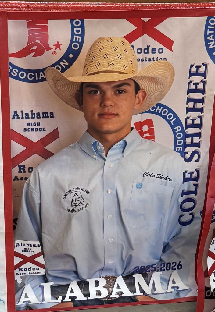 A cowboy in front of a background.