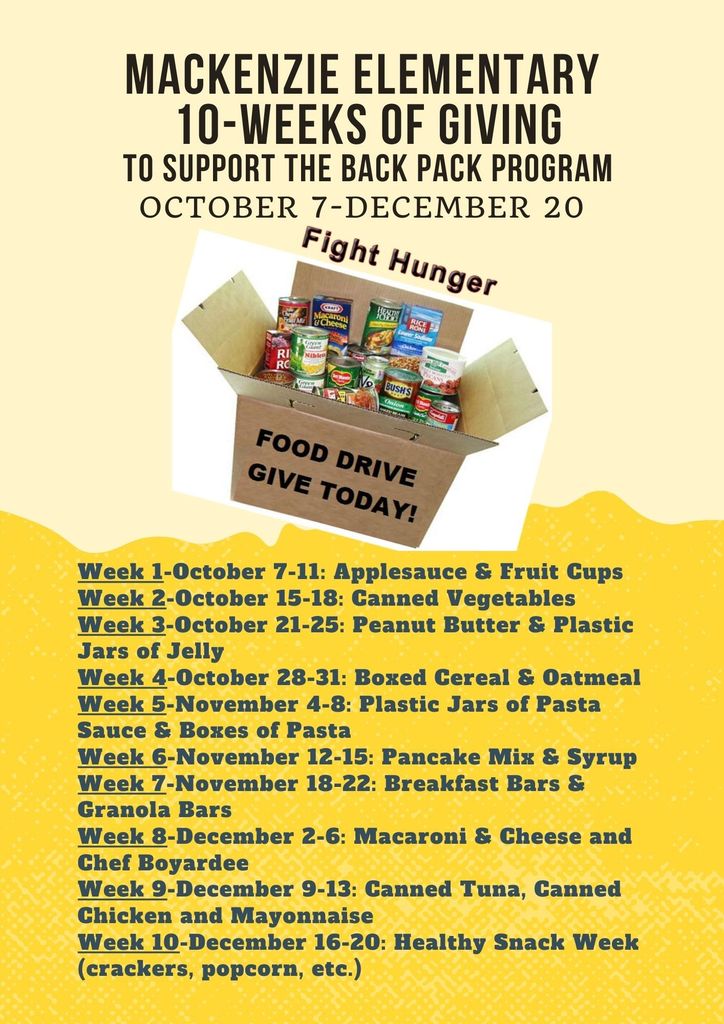 flyer on a yellow background announcing Mackenzie Elementary School's 10-weeks of giving food drive. There is an image of a box filled with dry goods with the words "fight hunger good drive give today!" Under that image a listing of dates and what the school is requesting be donated during those weeks.