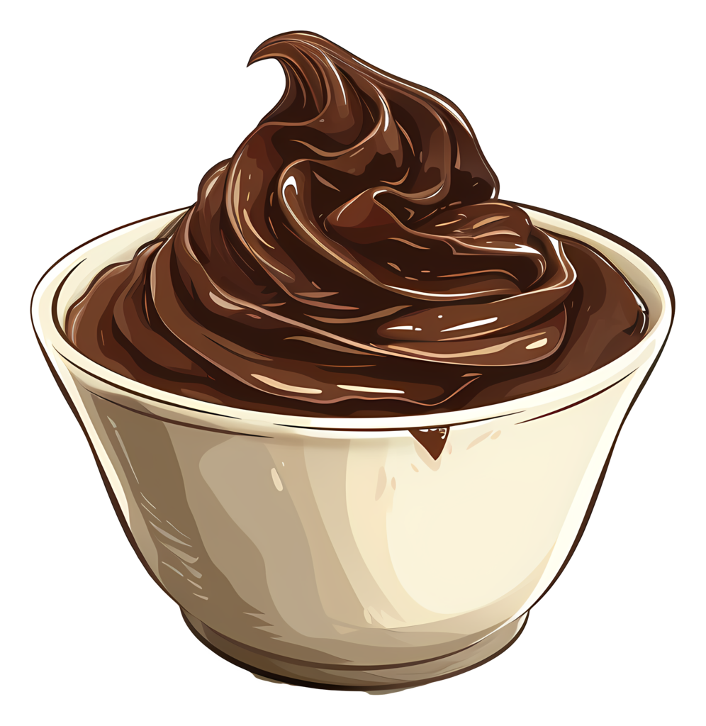 Clip art picture of a cream colored bowl with chocolate pudding in it.