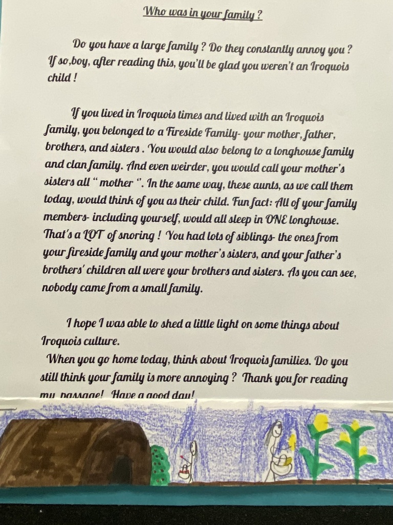 Image of a student's written essay about "who was in the Iroquois family?"