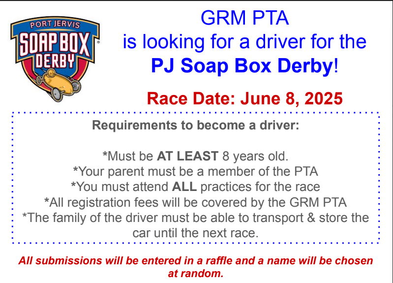 Text with rules to enter for a chance to be selected as the 2025 GRM PTA Soap Box Derby car driver