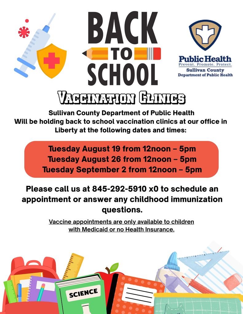 Sullivan County Public Health Back To School Vaccination Clinic Flyer