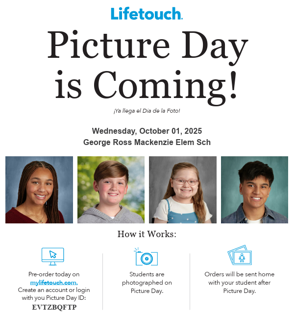 Image of Lifetouch flyer announcing Mackenzie Elementary School Picture Day October 1, 2025