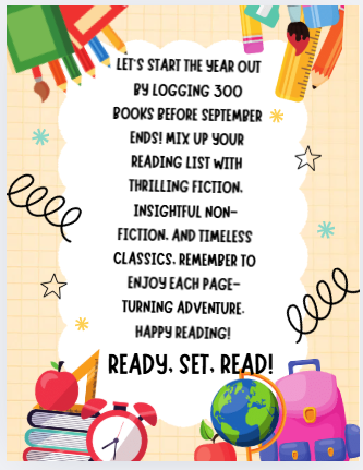 Image of a flyer to encourage student to log the books they read to reach our reading goal