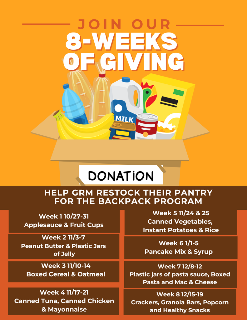 Flyer requesting food donations to restock the pantry for the elementary school's back pack program