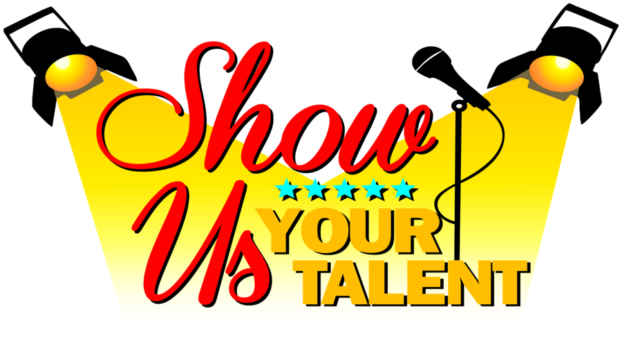 Image of stage lights and a microphone that says "Show us your talent"