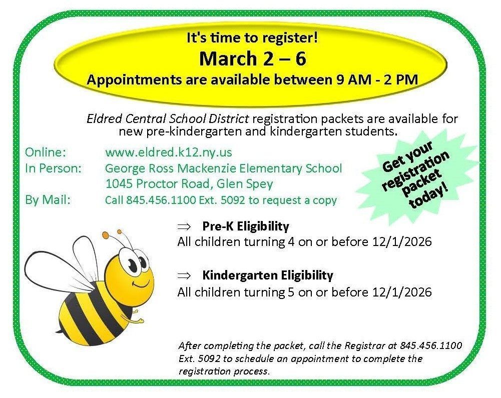 Image of a postcard announcing PreK & Kindergarten Registration for the 2026-2027 school year