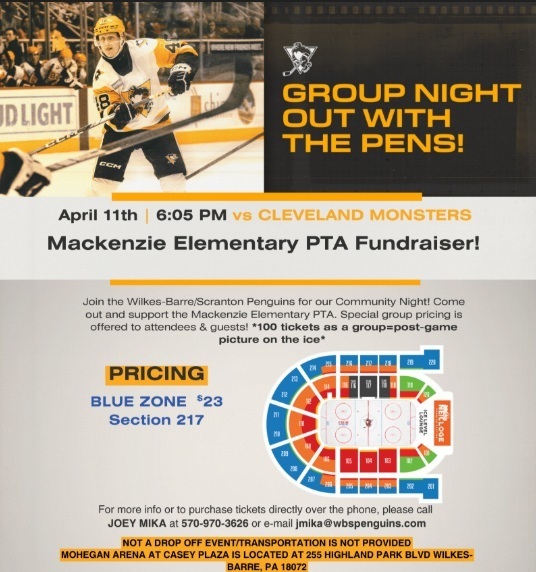 A flyer with details about purchasing tickets for the April 11, 2026 Hockey Game Fundraiser for the Mackenzie PTA