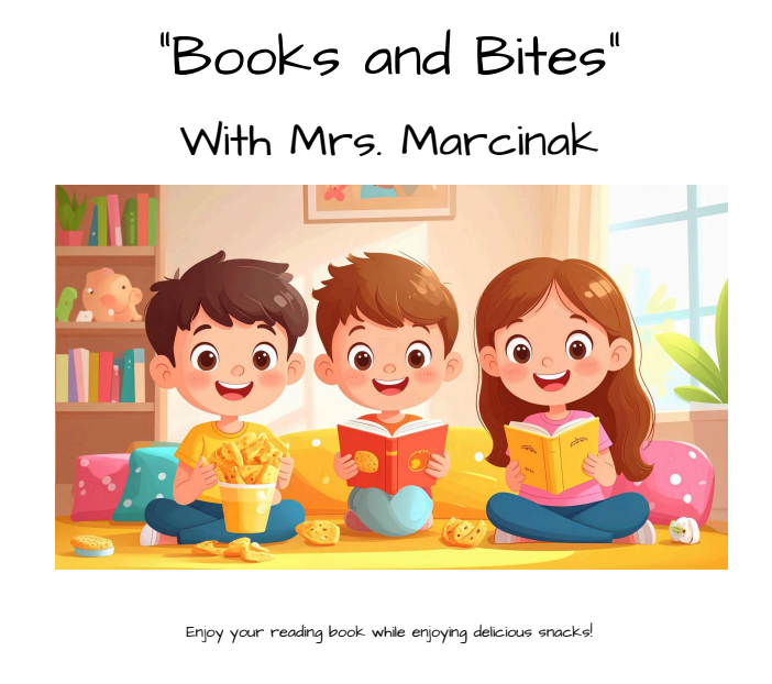 Image of characters of children reading books and eating snacks