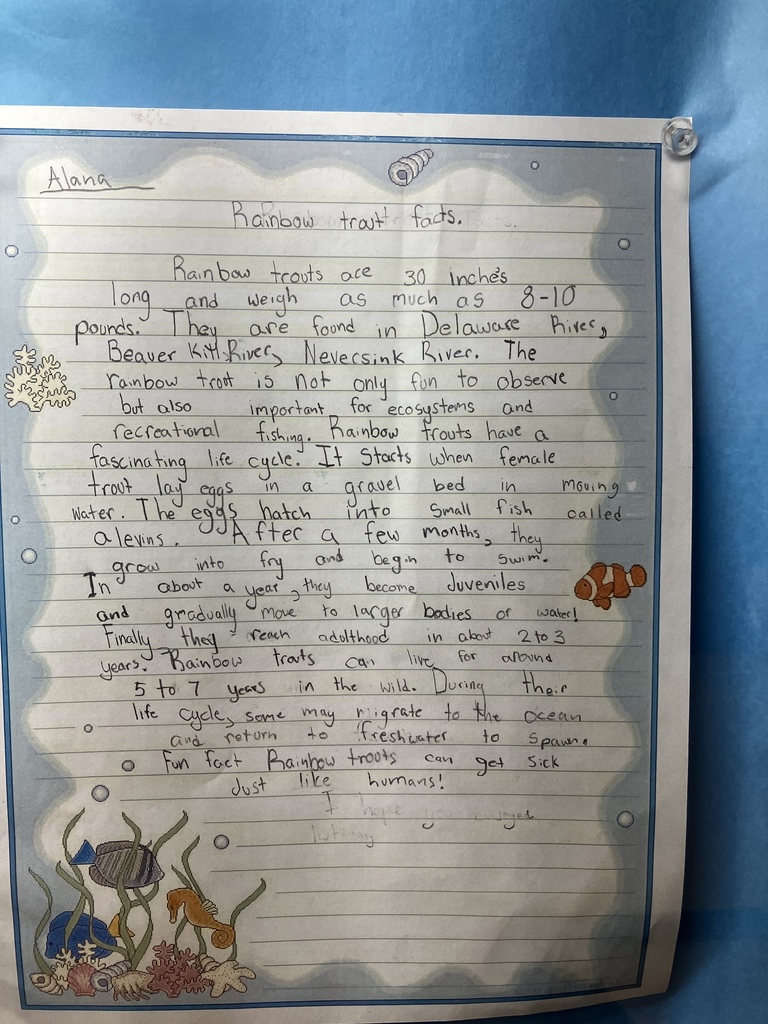 Image of a student's writing piece about the research they did on the fish of Sullivan County NY