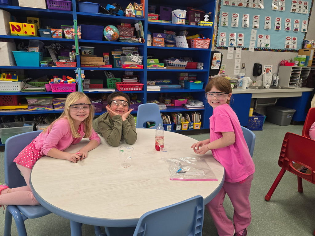 Students pose for the camera wearing safety goggles for a science experiment