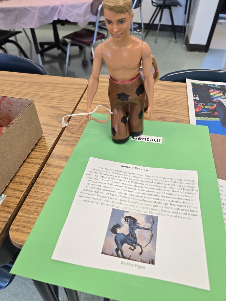 Image of an ELA project on Greek Mythology, a student made a Centaur out of a Ken doll and put horse legs on it as well as a write up on the mythical creature