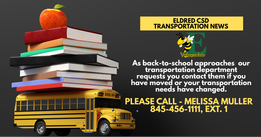 Image of a school bus with textbooks and an apple stacked on top with details about contacting the school transportation department if  your transportation needs have changed